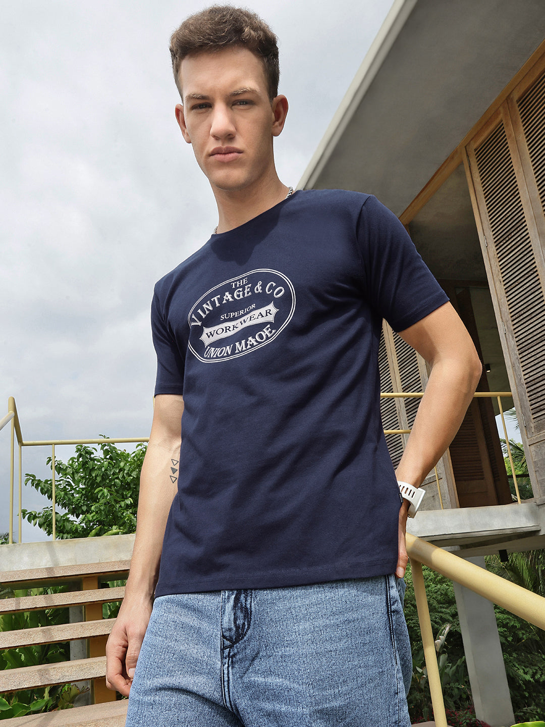 Navy Blue Front Print Half Sleeve T-Shirt