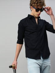 Black Plain Satin Shirt Without Pocket