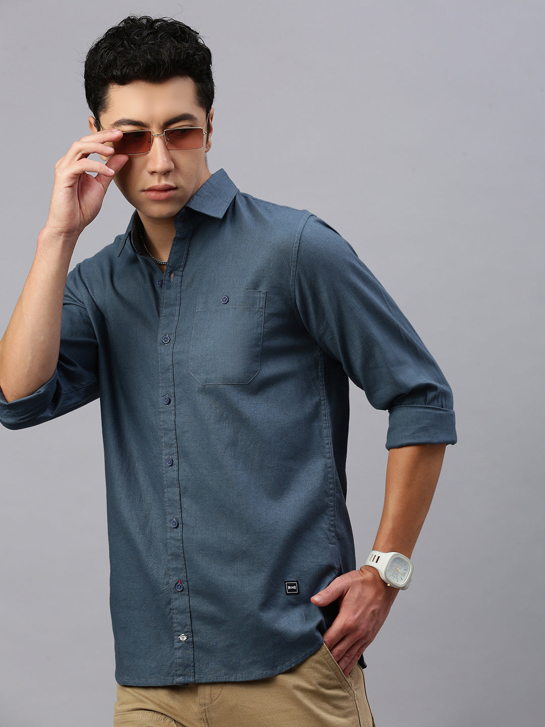 Casual Blue Linen Shirt With Pocket