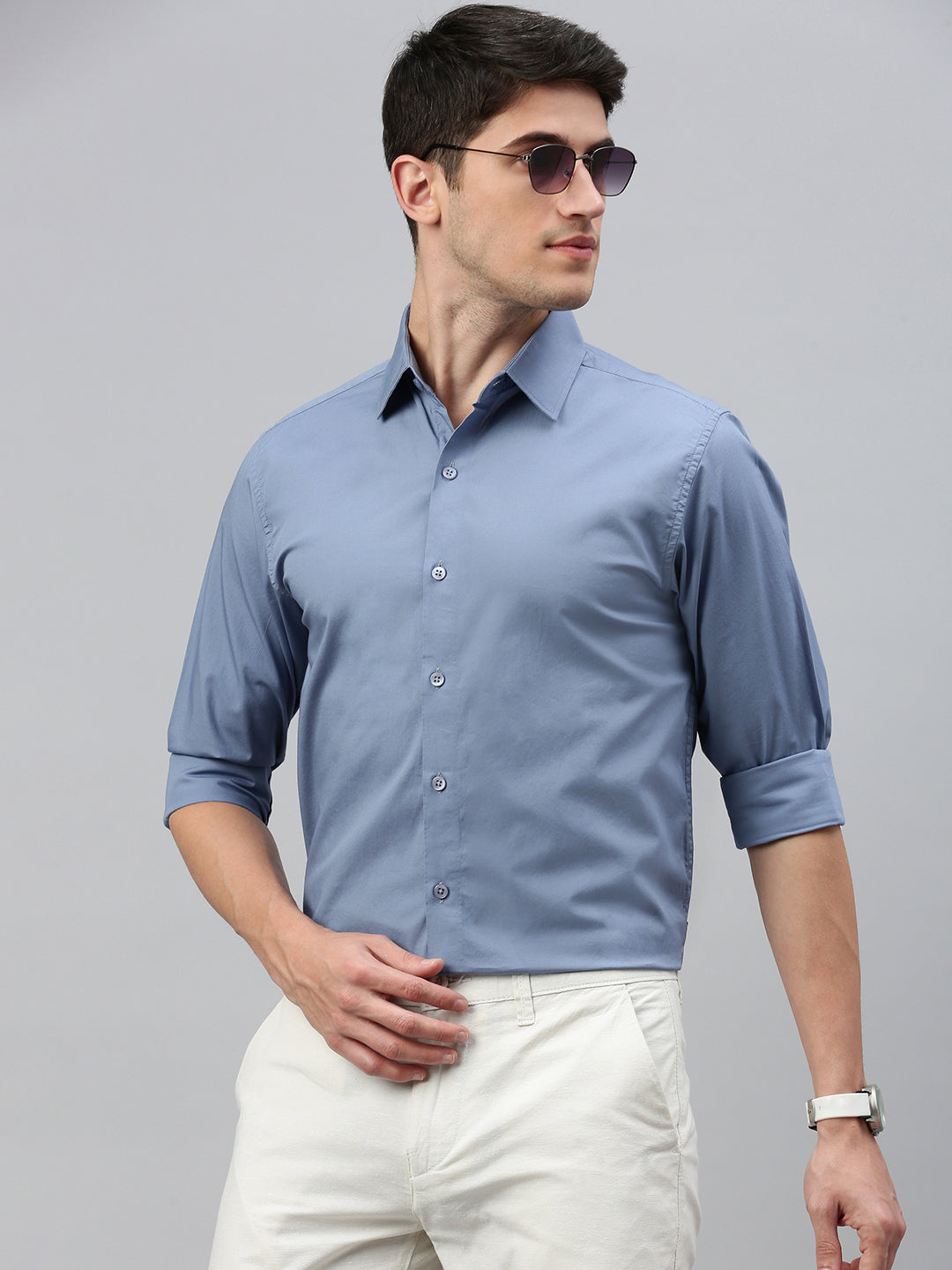 Cloud Blue Solid Poplin Stretch Shirt Without Pocket – necked-store