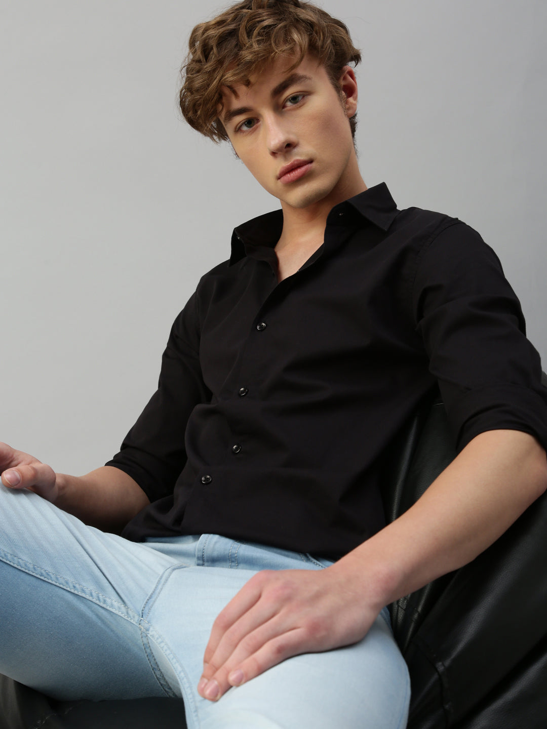 Black Plain Satin Shirt Without Pocket