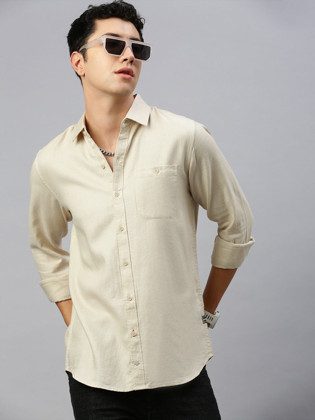 Beige Dobby Cotton Plain Shirt With Pocket