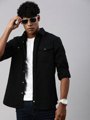 Black Brushing Cotton Shirt With Double Pocket