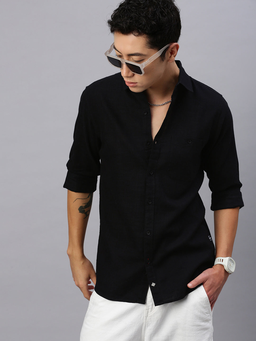 Black Cotton Plain Shirt With Pocket