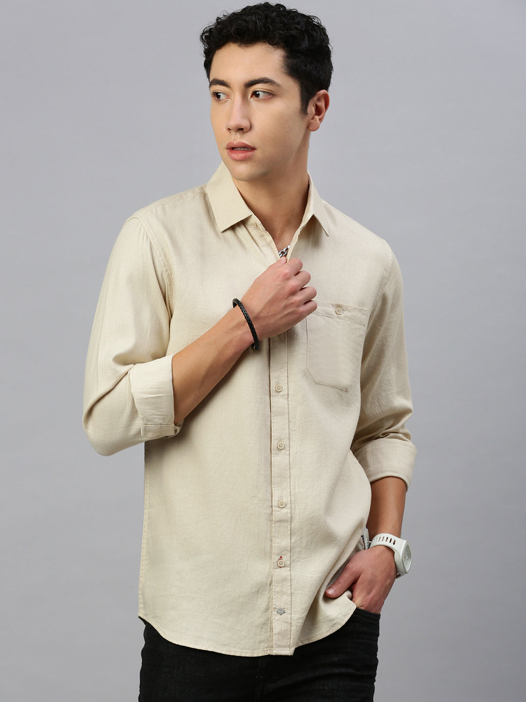 Beige Dobby Cotton Plain Shirt With Pocket