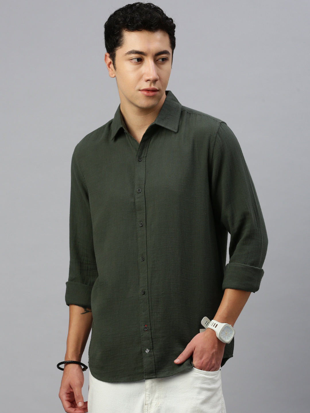 Olive Doble Cloth Cotton Shirt With Pocket