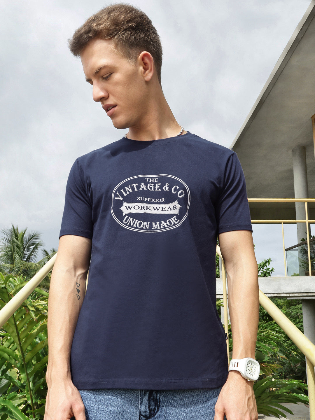 Navy Blue Front Print Half Sleeve T-Shirt