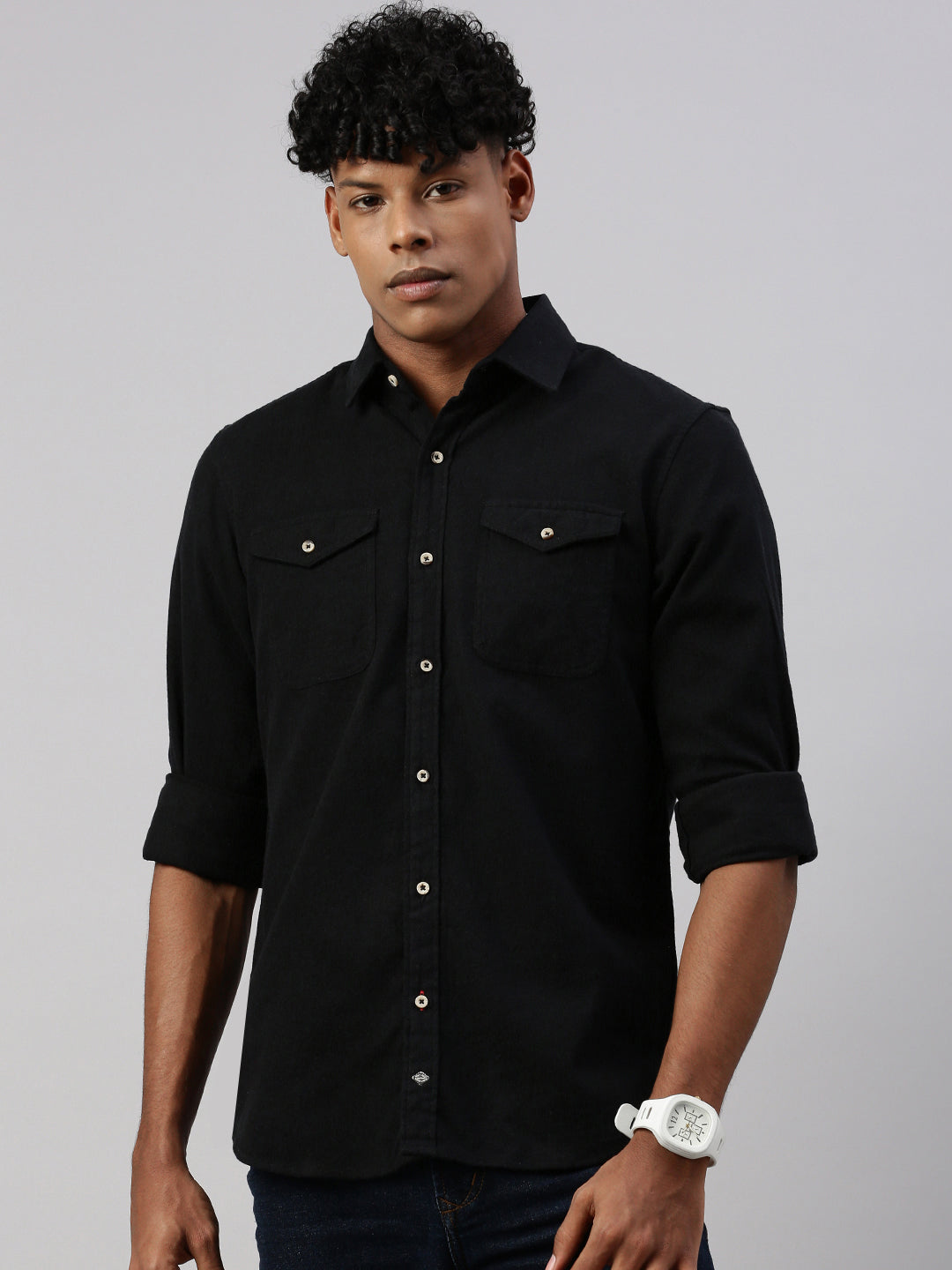 Black Brushing Cotton Shirt With Double Pocket