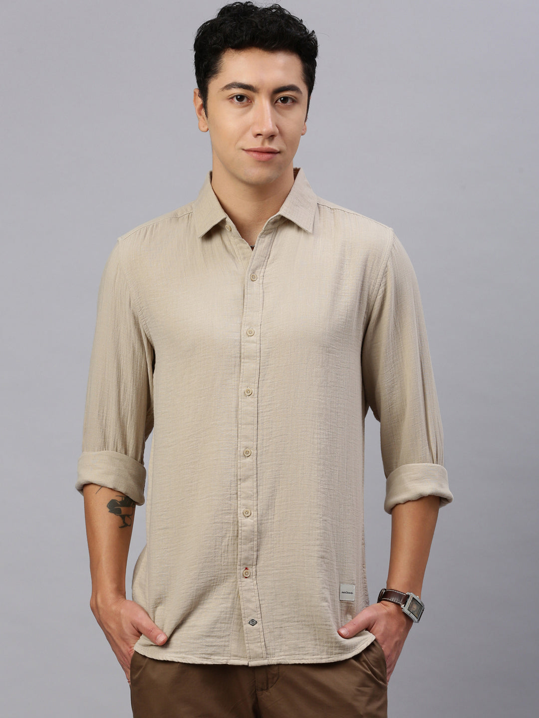 Beige Doble Cloth Cotton Shirt With Pocket