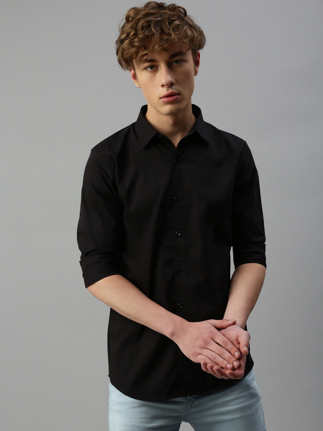 Black Plain Satin Shirt Without Pocket