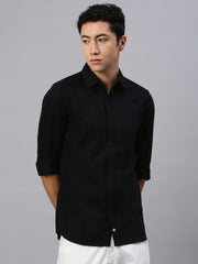 Black Cotton Plain Shirt With Pocket