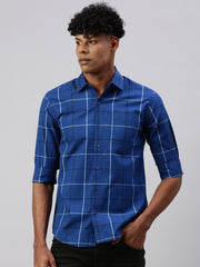 Navy Blue Compact Rich/Cotton Checks Full Sleeve Shirt With Pocket