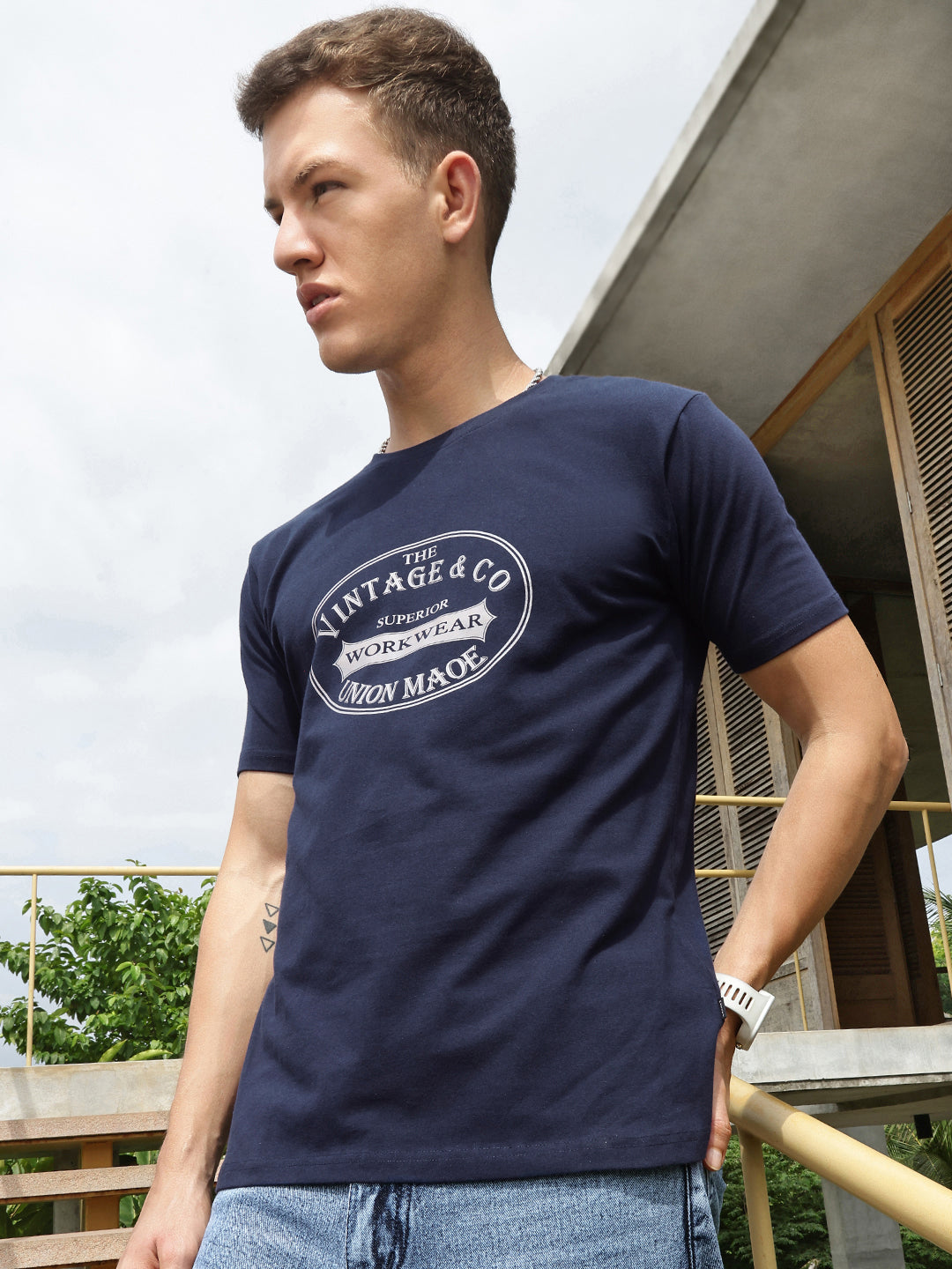 Navy Blue Front Print Half Sleeve T-Shirt