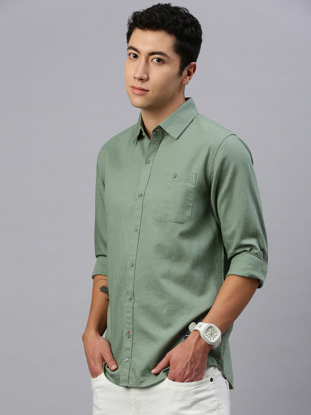 Vintage Green Linen Shirt With Pocket