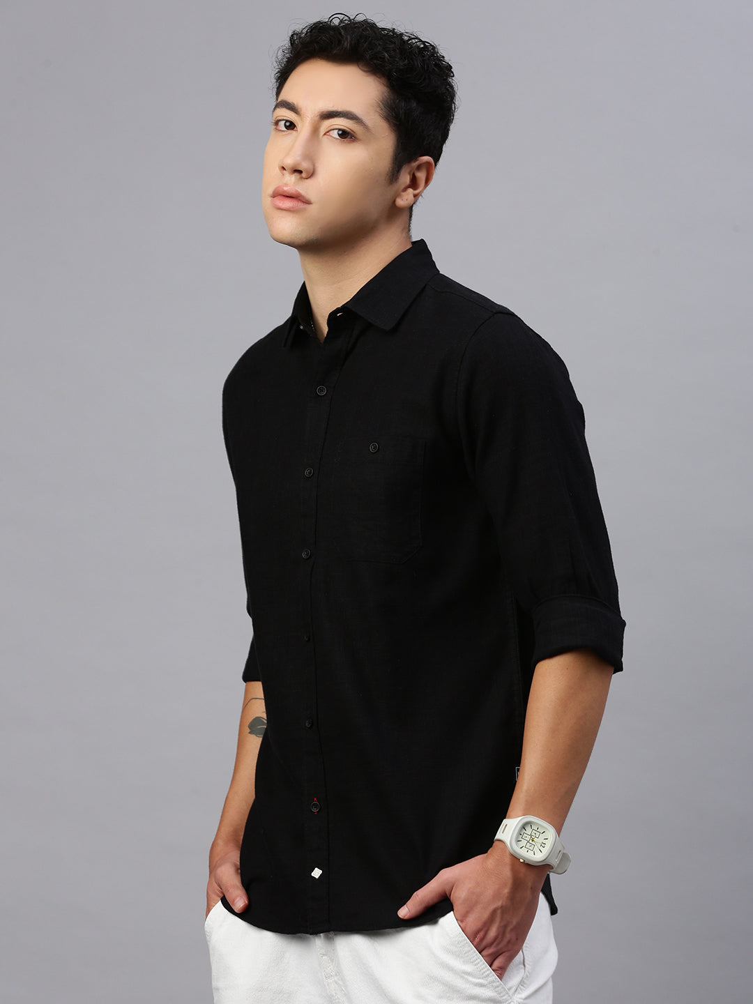 Black Cotton Plain Shirt With Pocket