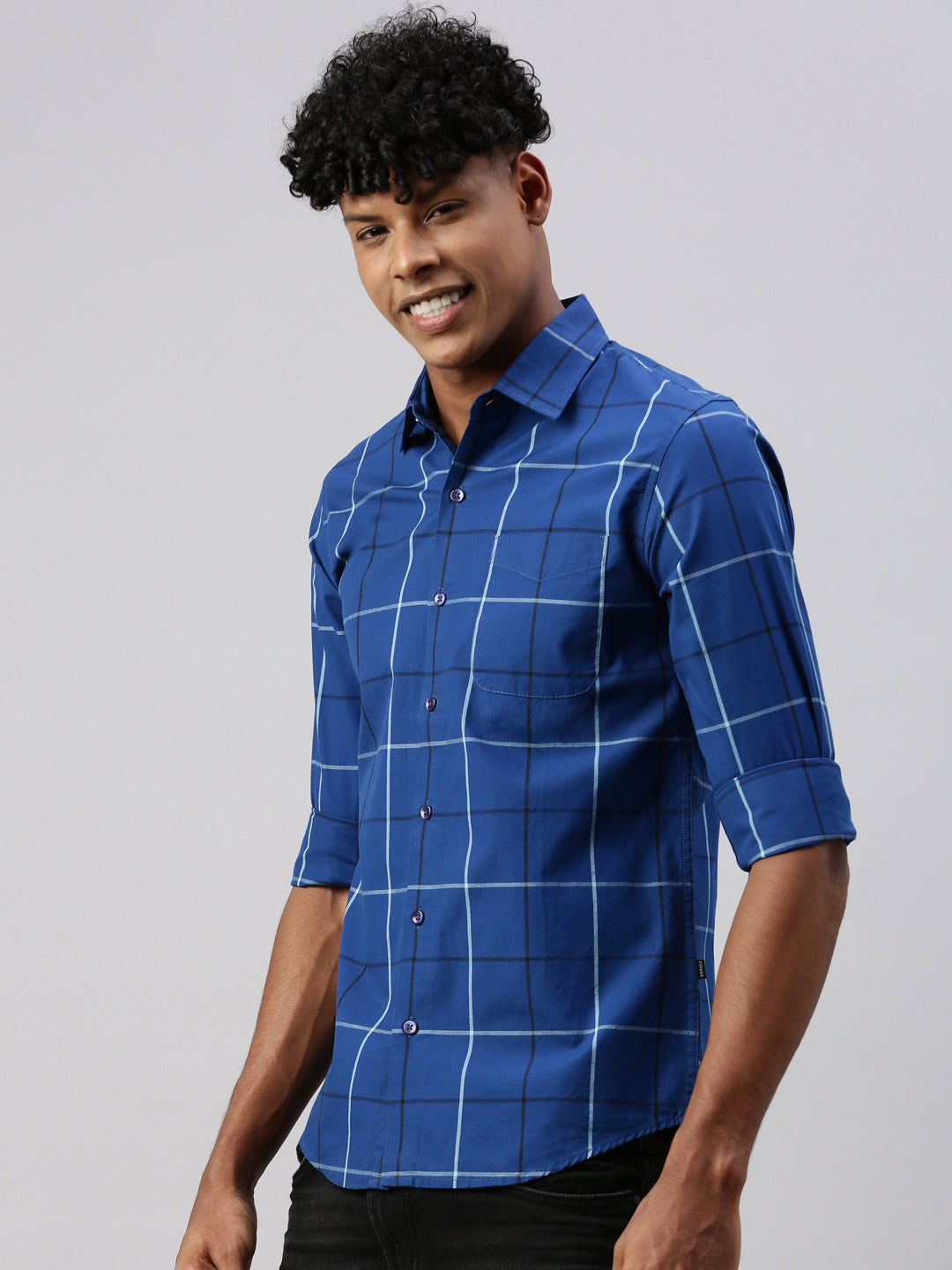 Navy Blue Compact Rich/Cotton Checks Full Sleeve Shirt With Pocket