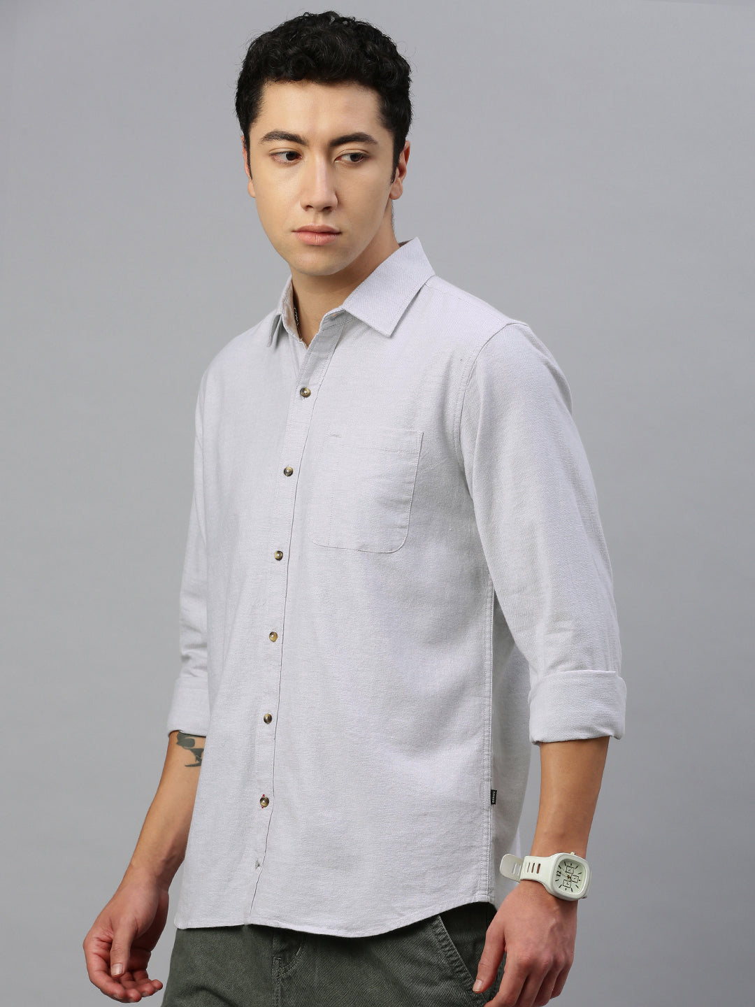 Light Gray Cotton Shirt With Pocket