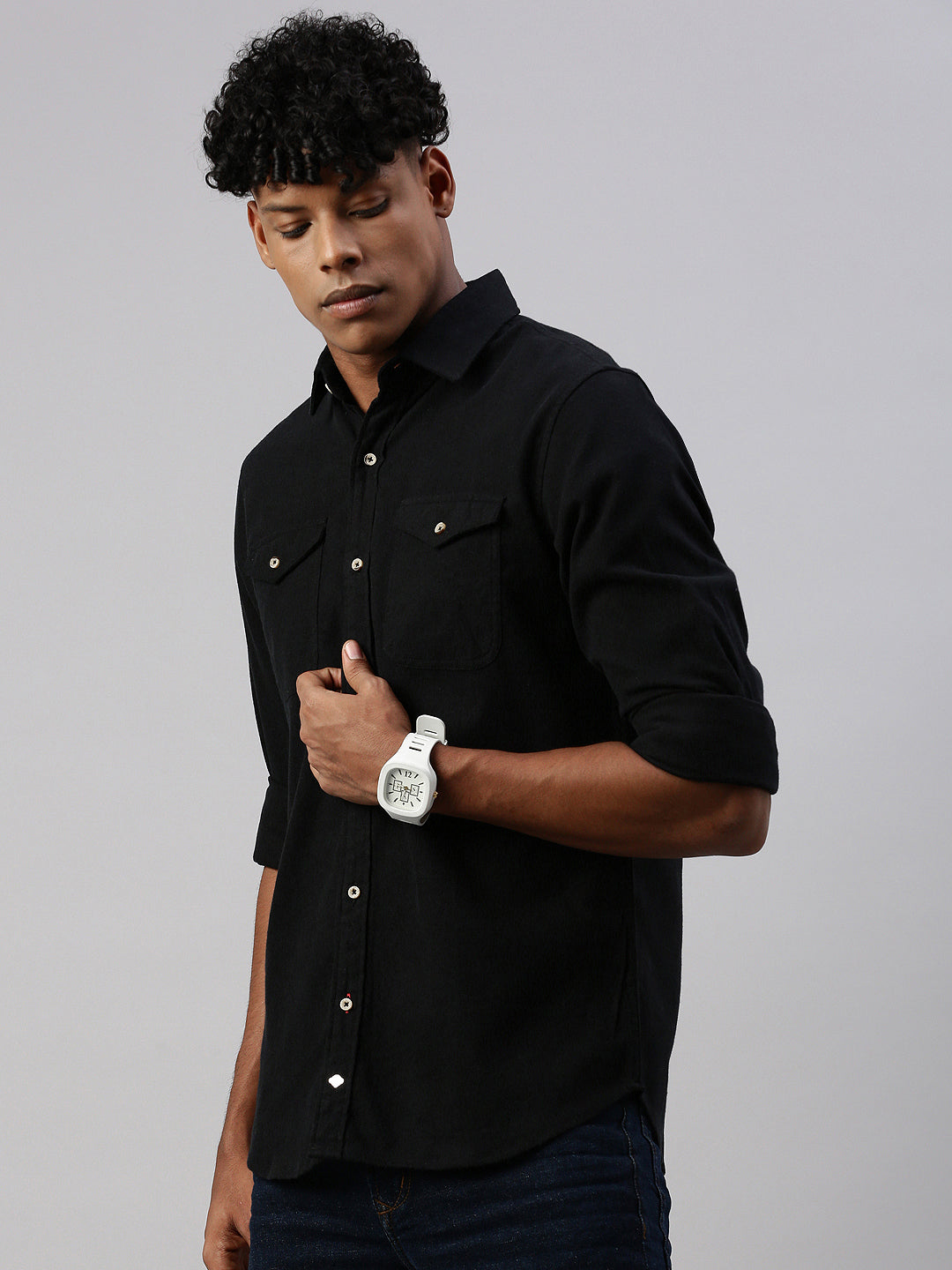 Black Brushing Cotton Shirt With Double Pocket