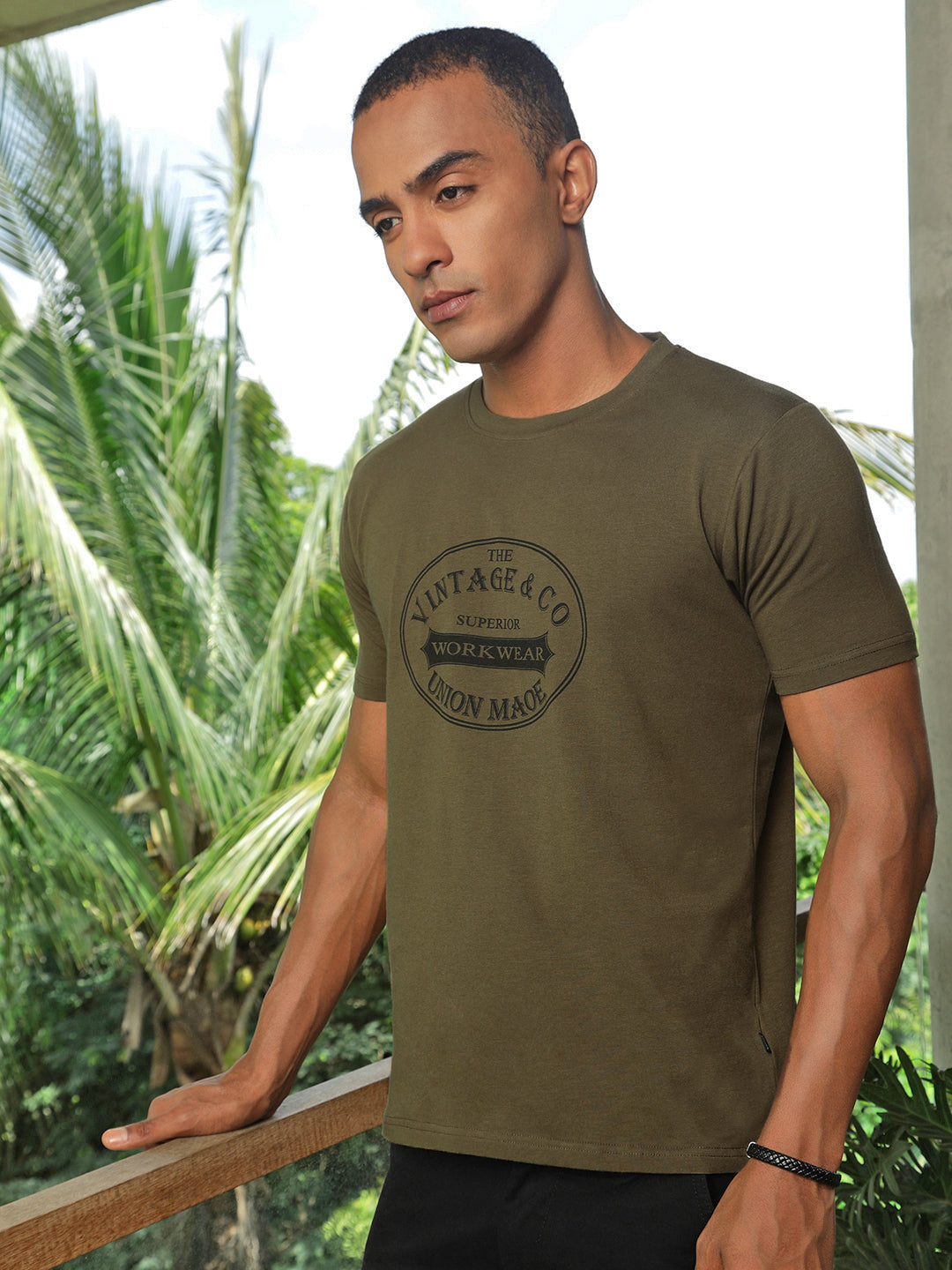 Khaki Front Print Half Sleeve T-Shirt