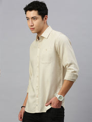 Beige Dobby Cotton Plain Shirt With Pocket