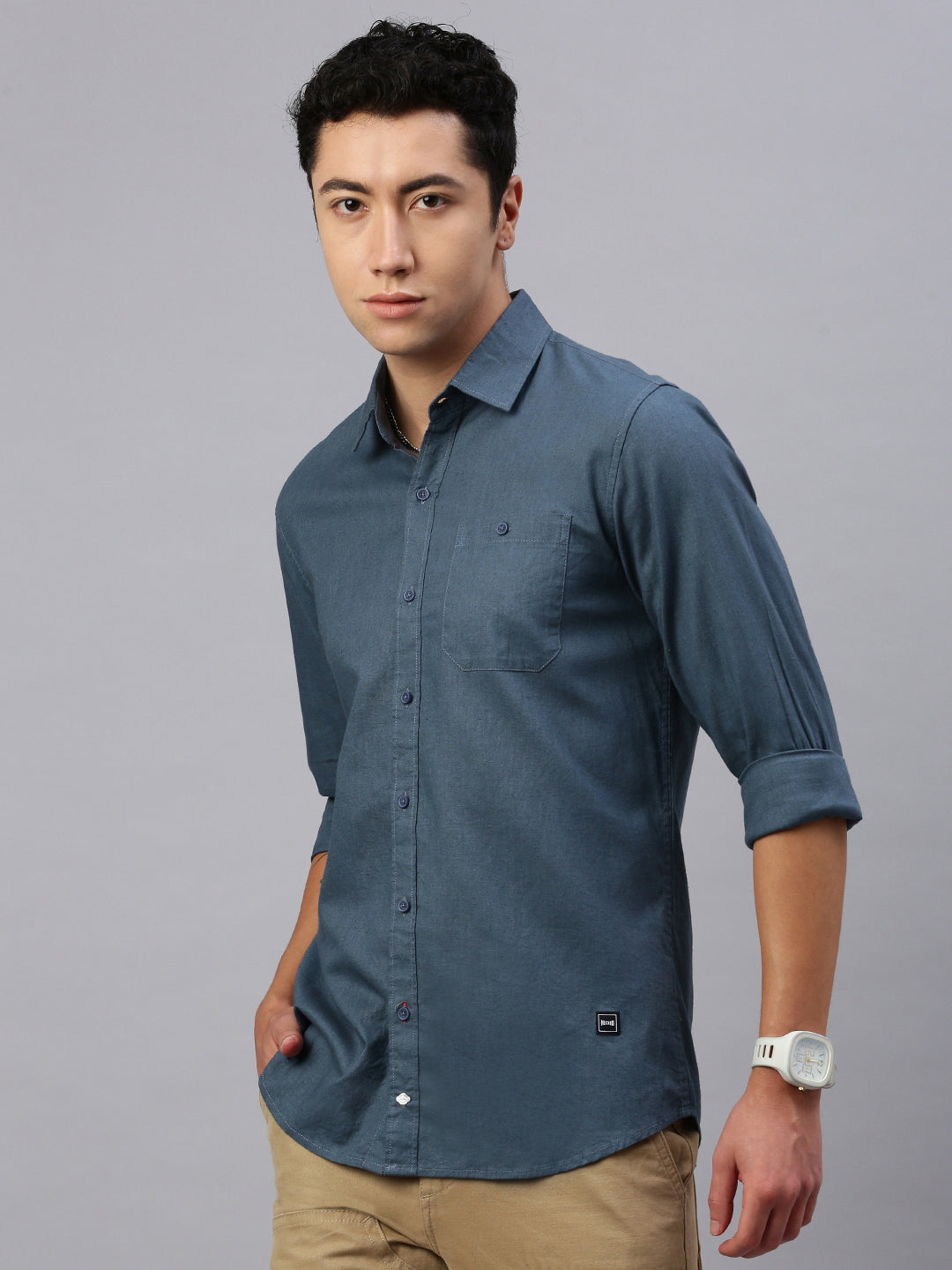 Casual Blue Linen Shirt With Pocket