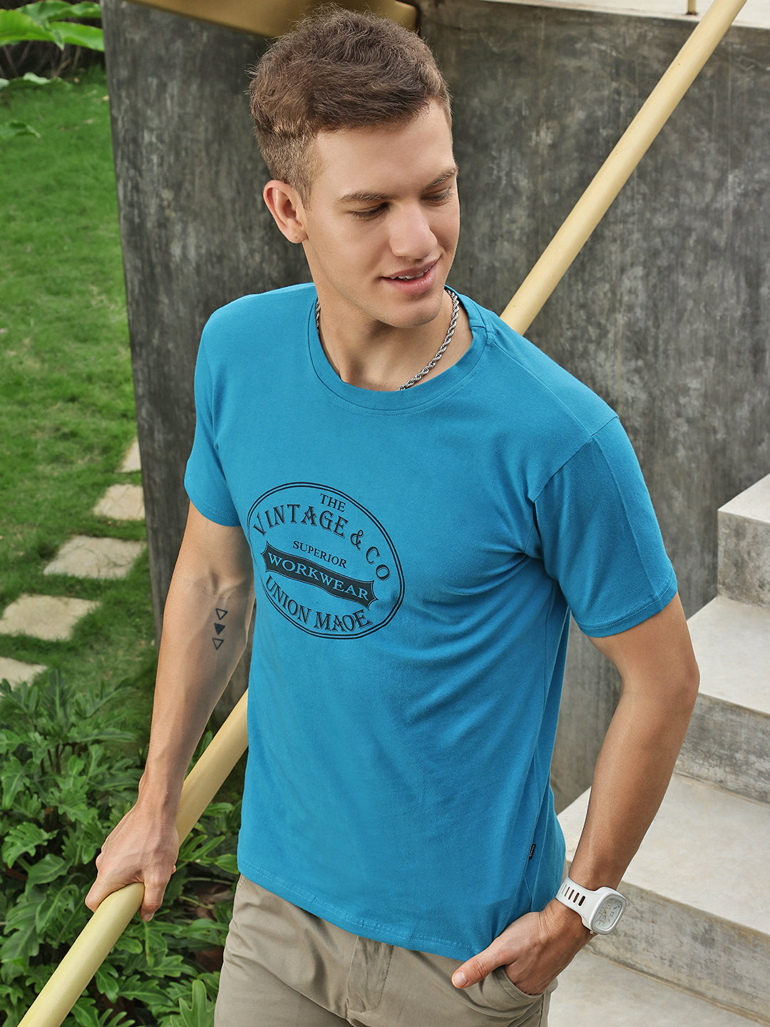 Sea Blue Front Print Half Sleeve T-Shirt