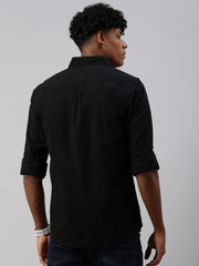 Black Brushing Cotton Shirt With Double Pocket