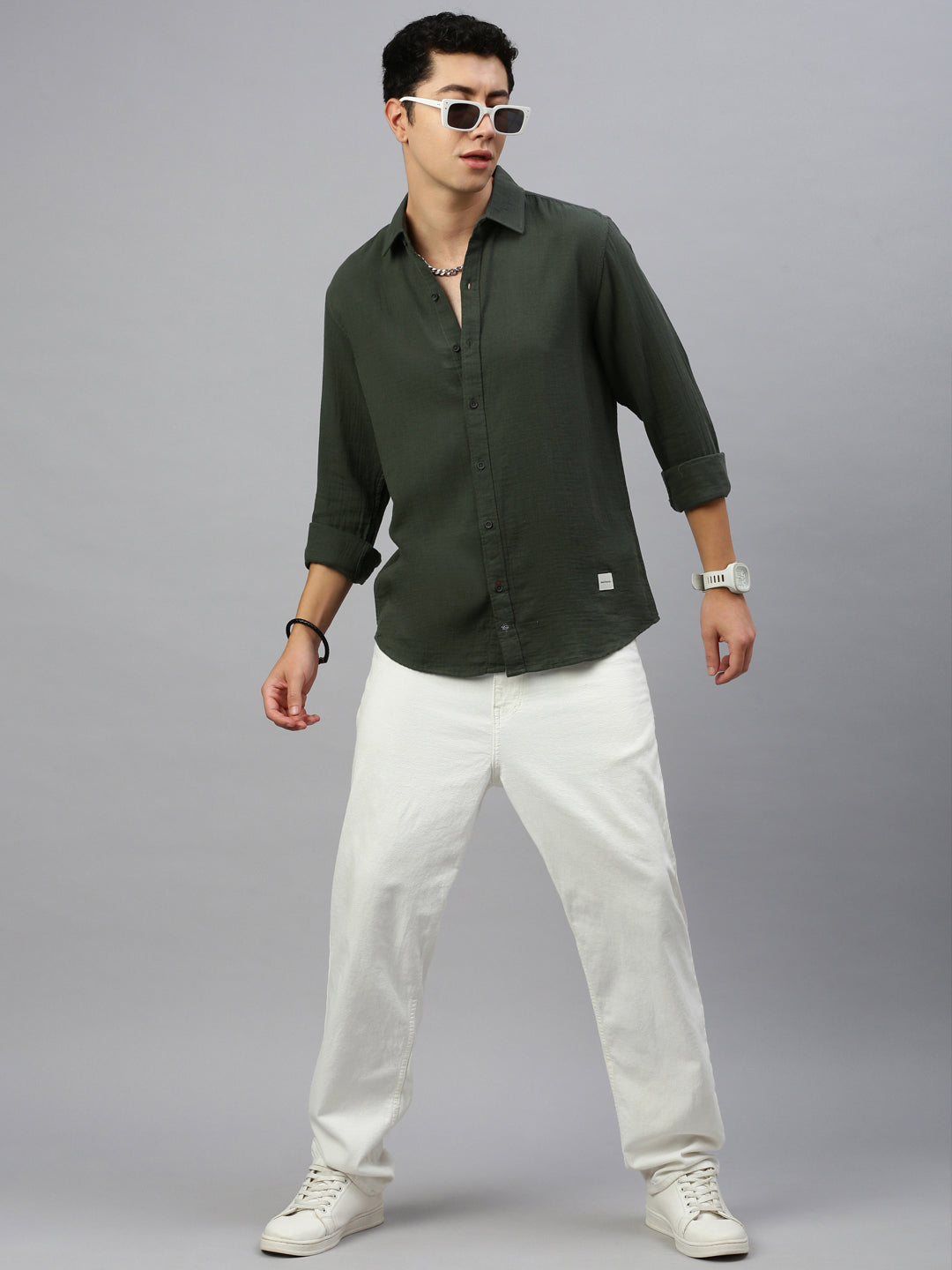 Olive Doble Cloth Cotton Shirt With Pocket