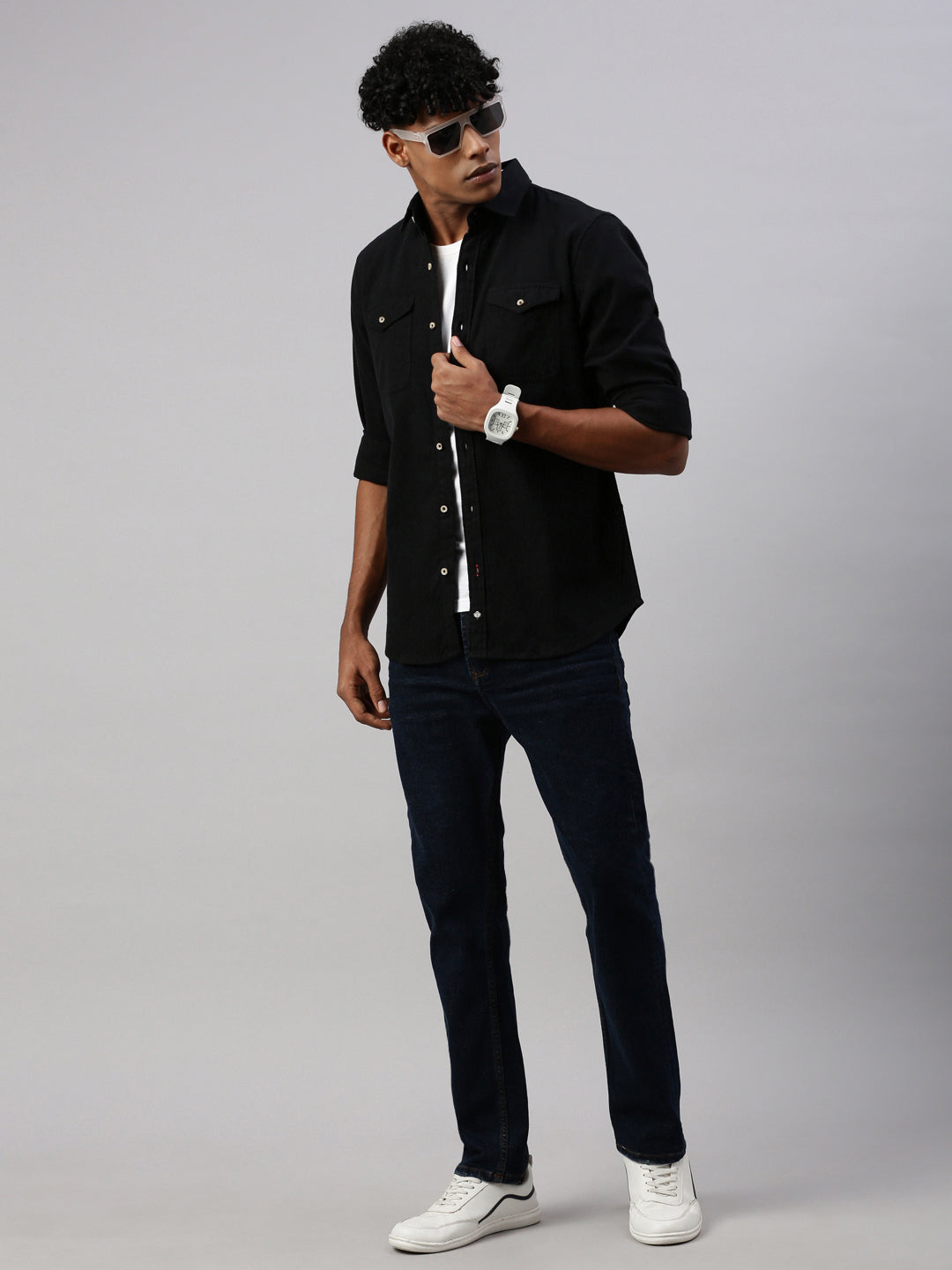 Black Brushing Cotton Shirt With Double Pocket