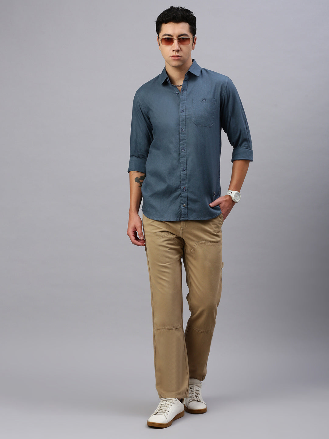 Casual Blue Linen Shirt With Pocket