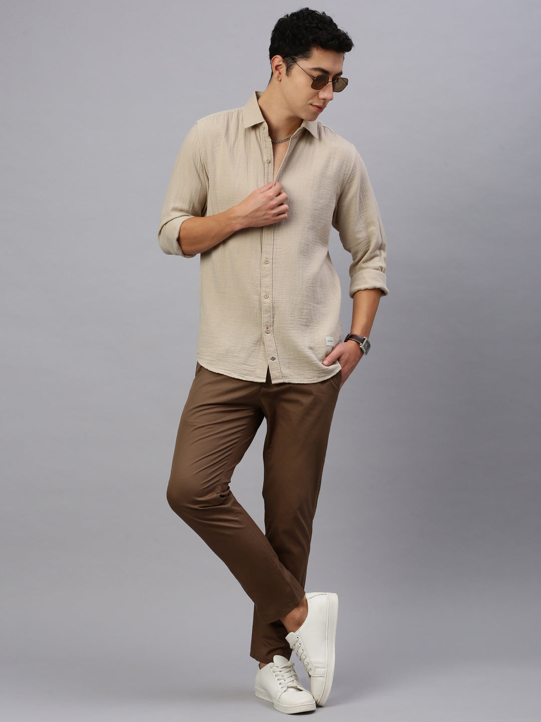 Beige Doble Cloth Cotton Shirt With Pocket