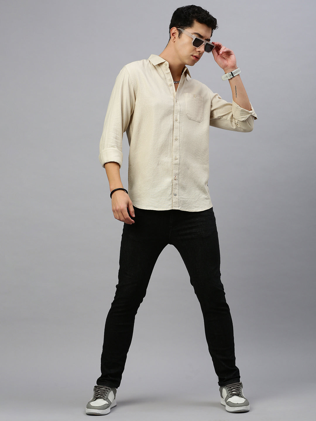 Beige Dobby Cotton Plain Shirt With Pocket