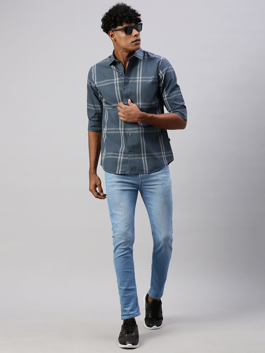 Classic Cobalt Checks Shirt Without Pocket