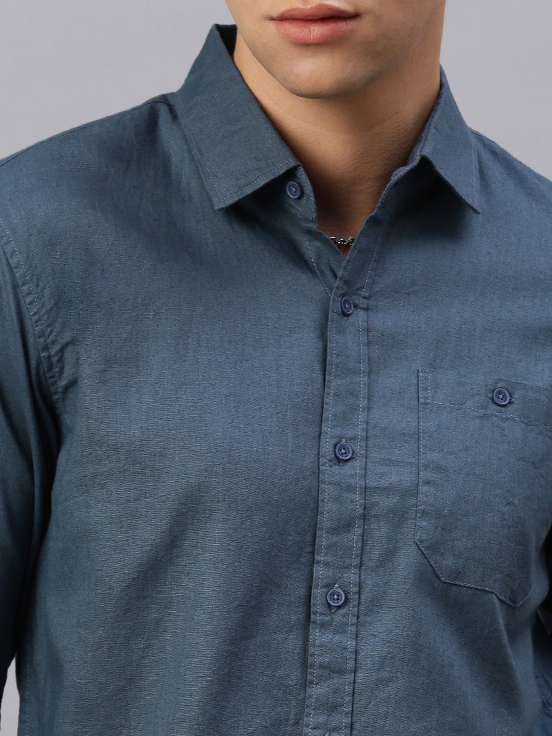 Casual Blue Linen Shirt With Pocket