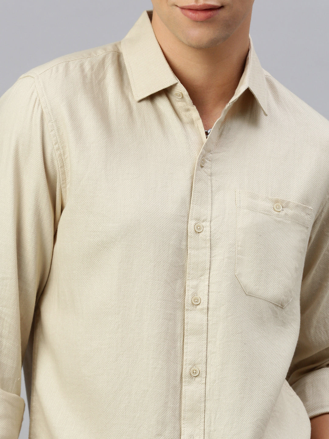 Beige Dobby Cotton Plain Shirt With Pocket