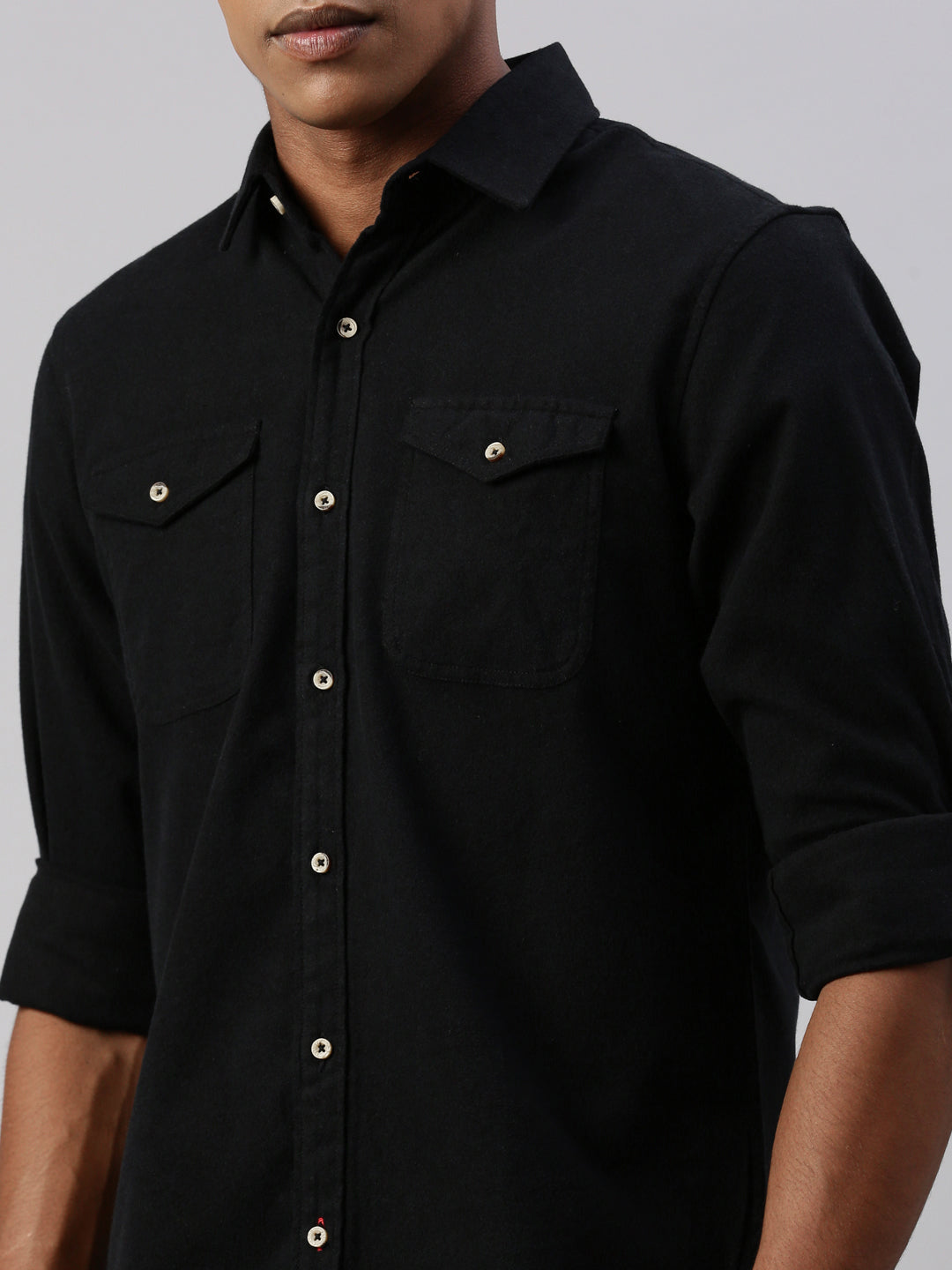 Black Brushing Cotton Shirt With Double Pocket