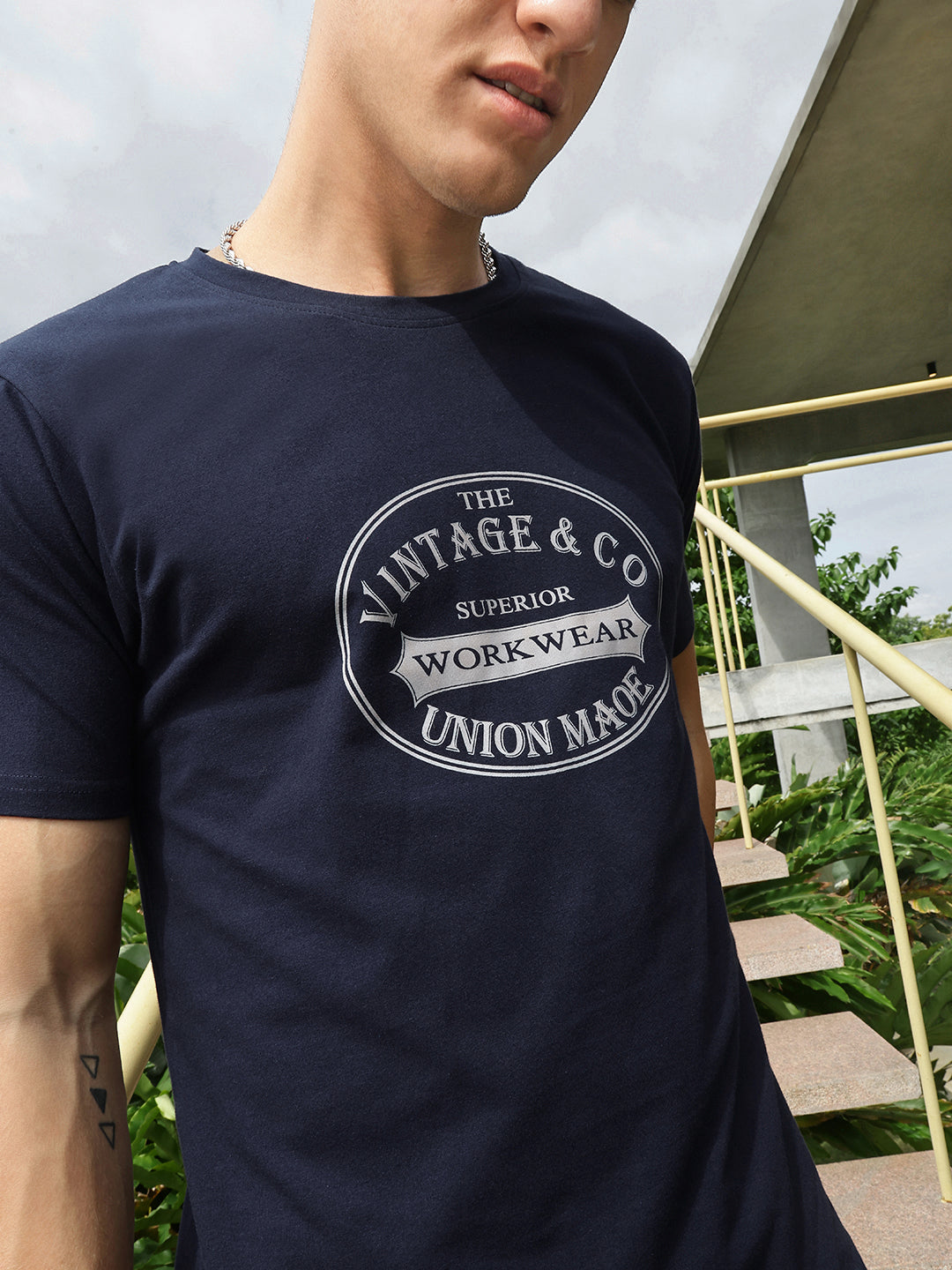 Navy Blue Front Print Half Sleeve T-Shirt