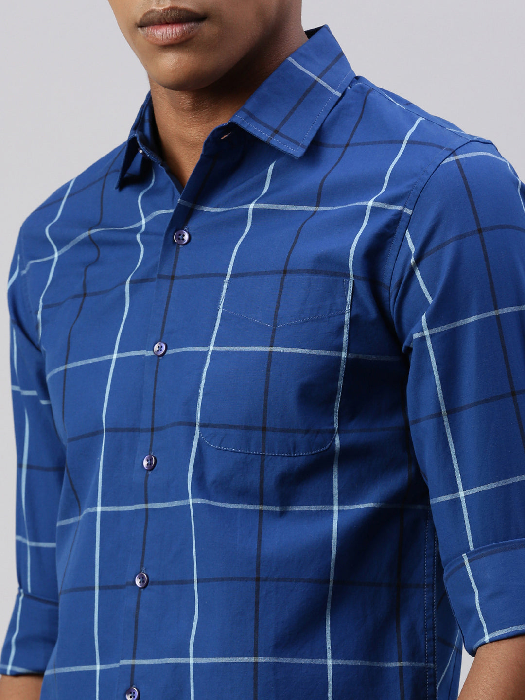 Navy Blue Compact Rich/Cotton Checks Full Sleeve Shirt With Pocket